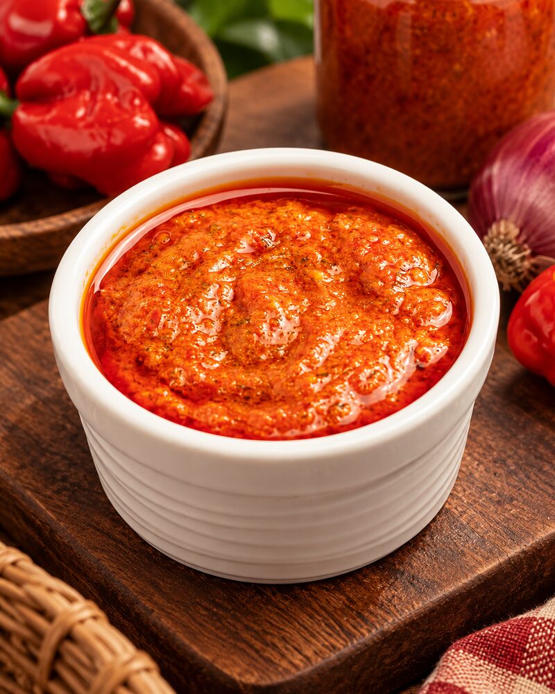 A white ramekin of red pepper sauce on a wooden board, with scotch bonnet peppers and a red onion beside it